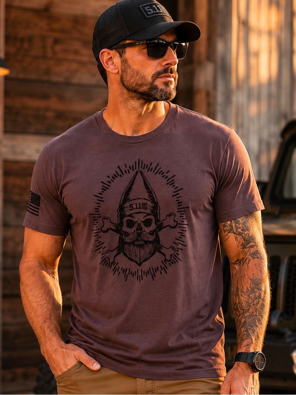 5.11 Tactical Maroon Skull Graphic T-Shirt Men’s L & XL American Flag Sleeve NEW